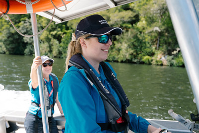 Kerry Bowen (right) and Nicki Wilson aboard Ruru during a patrol on Lake Arapuni.