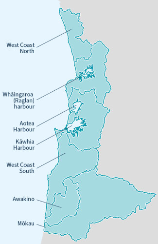 Map graphic showing the sub-catchments in the West Coast catchment management zone